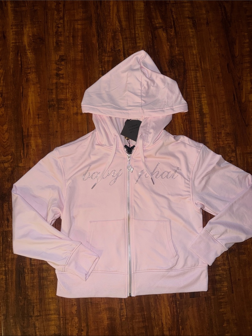 Baby Phat Light Pink Rhinestone Script Zip Hoodie